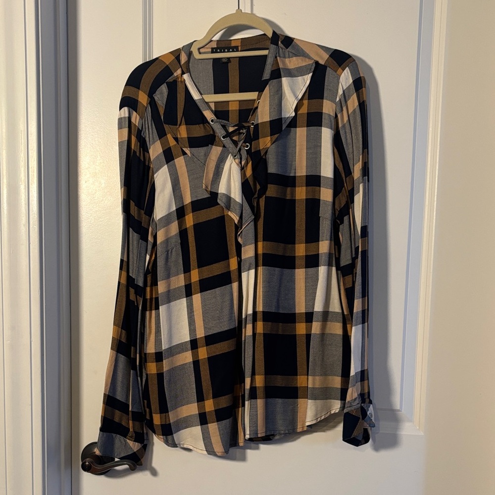 Tribal Plaid Blouse - Black, White, Tan